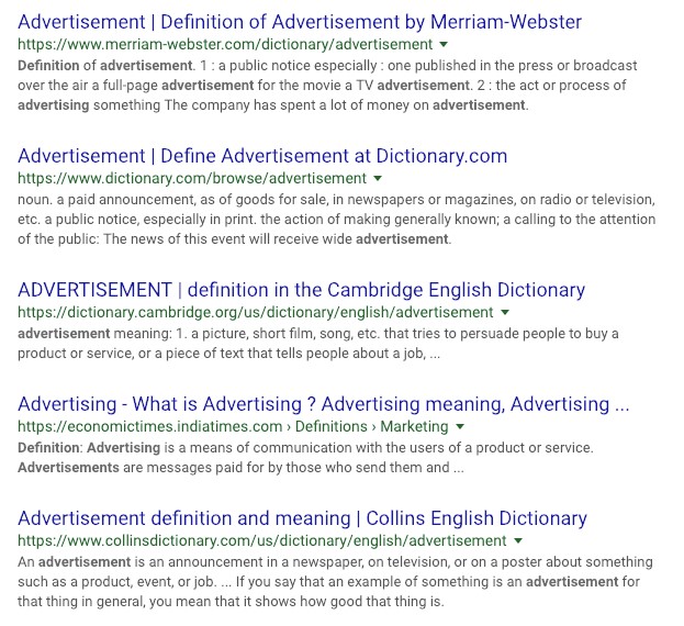 Advertisement definitions